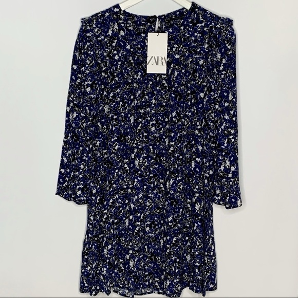 NWT ZARA Blue Floral Long Sleeve Ruffle Hem Mini Dress Size S - Picture 4 of 15